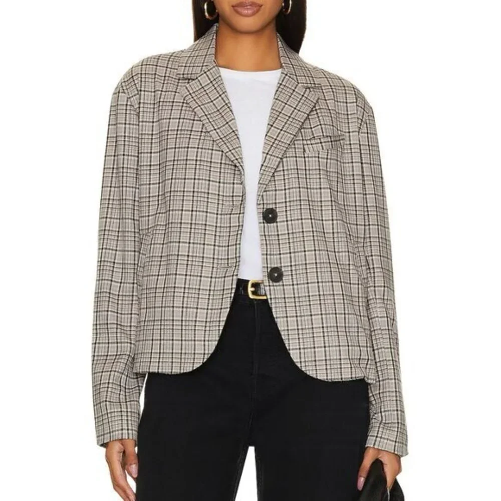 Free People We the Free Cali Oversized Plaid Blazer in Neutral Combo XL NWOT